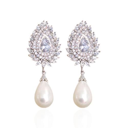 Boucles d'oreilles en laiton zircon cubique pavent, avec perle de plastique, bijoux de mode & pavé de micro zircon & pour femme, 48mm, Vendu par paire