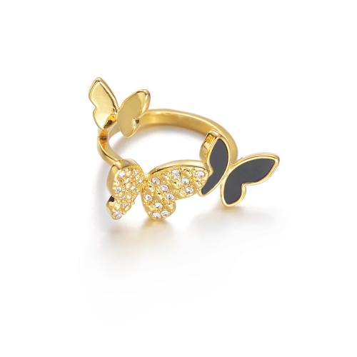 Rhinestone Stainless Steel Finger Ring, 304 Stainless Steel, Butterfly, 18K gold plated, fashion jewelry & for woman & with rhinestone, golden, Sold By PC