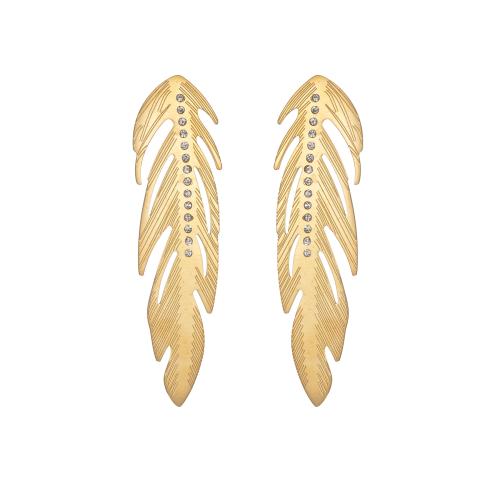 Stainless Steel Stud Earrings 304 Stainless Steel Feather fashion jewelry & for woman & with rhinestone golden Sold By Pair