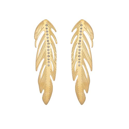 Stainless Steel Stud Earrings, 304 Stainless Steel, Feather, fashion jewelry & for woman & with rhinestone, golden, 19x70mm, Sold By Pair