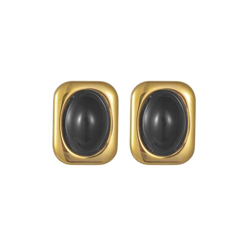 Stainless Steel Stud Earrings, 304 Stainless Steel, with Black Stone, 18K gold plated, fashion jewelry & for woman, golden, 15x19mm, Sold By Pair