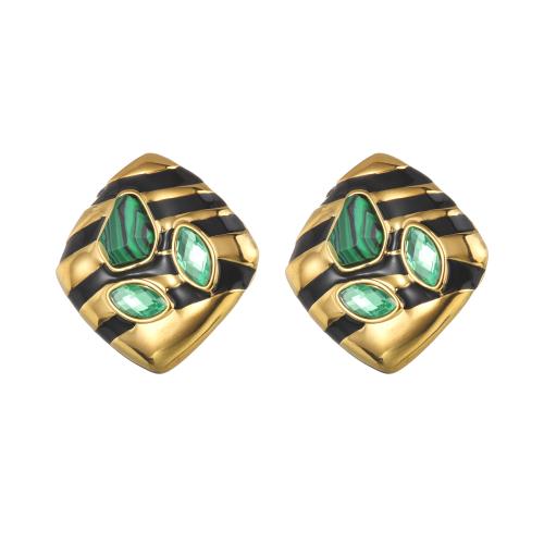 Stainless Steel Stud Earrings, 304 Stainless Steel, with Malachite, for woman & enamel & with rhinestone, golden, 34x34mm, Sold By Pair