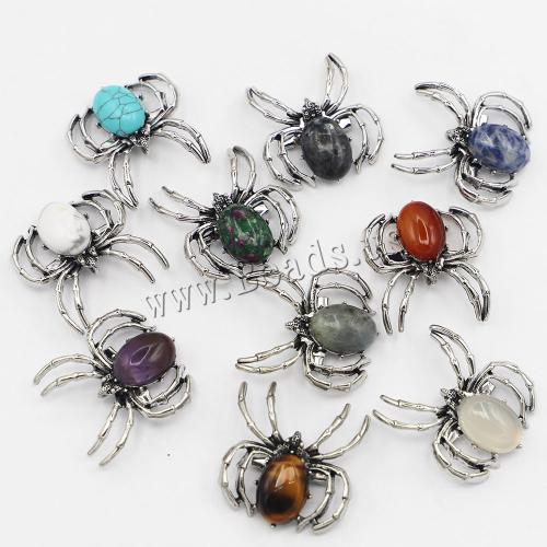 Tibetan Style Brooches, Natural Stone, with Tibetan Style, Spider, silver color plated, Unisex, Random Color, 35x36x15mm, Sold By PC
