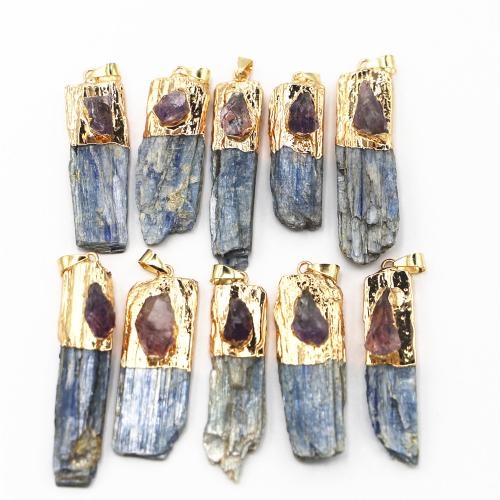 Quartz Gemstone Pendants, Kyanite, with Amethyst & Brass & Iron & 304 Stainless Steel, irregular, gold color plated, DIY, Length:65-45mm width:20-10mm thick:8-4mm, Sold By PC