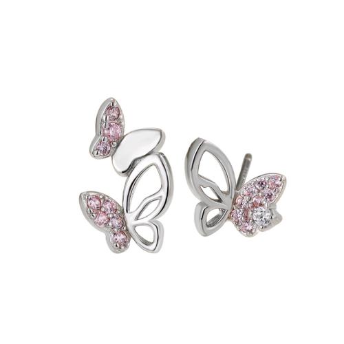 Pendientes asimétricos, plata de ley 925, Mariposa, micro arcilla de zirconia cúbica & para mujer, color de platina, Vendido por Par