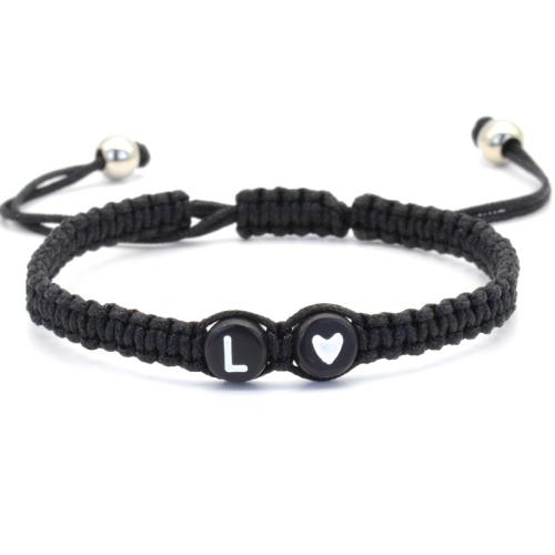 Mode Wachsschnur Armbänder, Acryl, mit Wachsschnur & Zinklegierung, Buchstaben sind von A bis Z & unisex & verschiedene Muster für Wahl, schwarz, Länge:ca. 16-30 cm, verkauft von PC