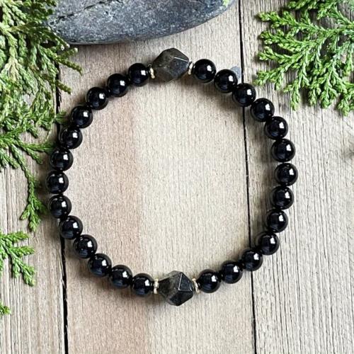 Obsidienne bracelet, avec tourmaline, Motif géométrique, fait à la main, pour homme & facettes, Longueur:Environ 7 pouce, Vendu par PC