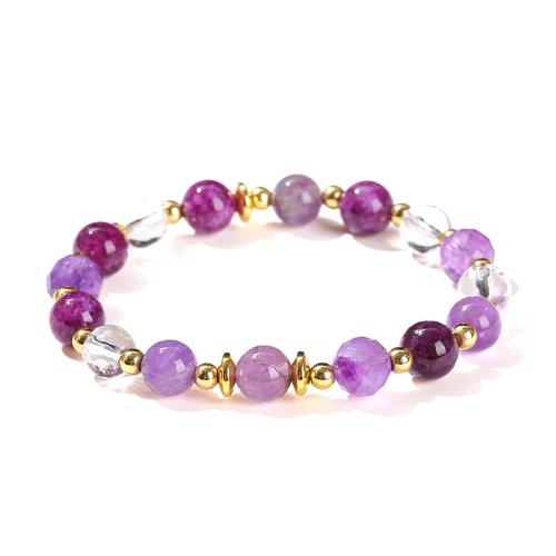 Amethyst Bracelet, with Chalcedony & Clear Quartz & Brass, Round, handmade, fashion jewelry & for woman, beads length 8mm, Length:Approx 6-8 Inch, Sold By PC