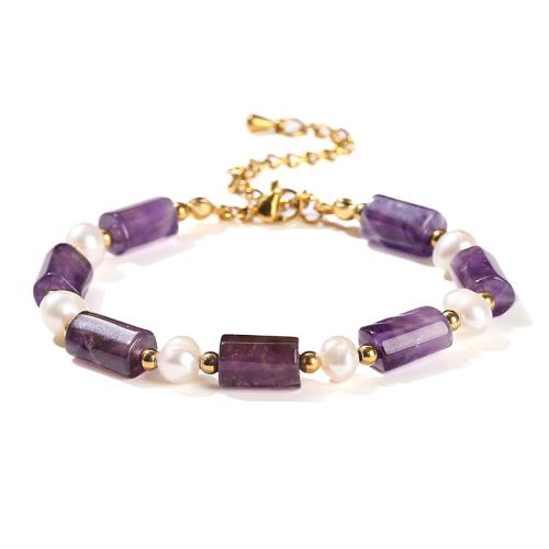 Piedras preciosas Pulsera, con Perlas cultivadas de agua dulce & acero inoxidable 304, Patrón Geométrico, hecho a mano, diferentes materiales para la opción & para mujer, longitud:aproximado 6-8 Inch, Vendido por UD