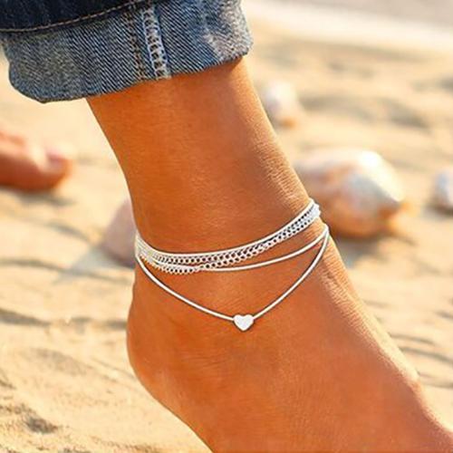 Bracelet de cheville en alliage de zinc, multicouche & pour femme, argent, Longueur:Environ 22 cm, Vendu par PC