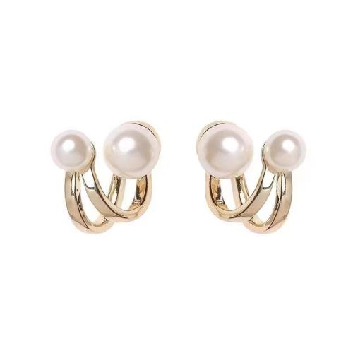 Tibetan Style Stud Earring, with Plastic Pearl, fashion jewelry & for woman, golden, 17x17mm, Sold By Pair