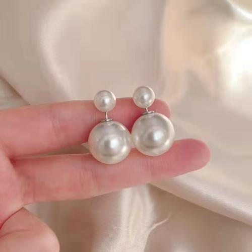 Pendientes de Perno de Aleación de Zinc, con Perlas plásticas, Joyería & para mujer, Blanco, 24x16mm, Vendido por Par