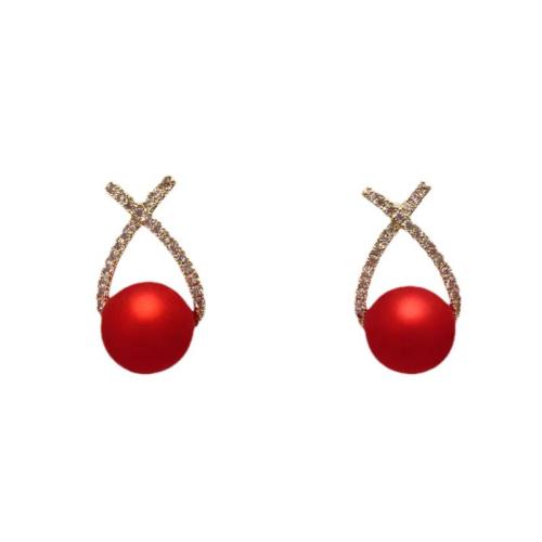 Tibetan Style Stud Earring, with Plastic Pearl, fashion jewelry & for woman & with rhinestone, 23mm, Sold By Pair