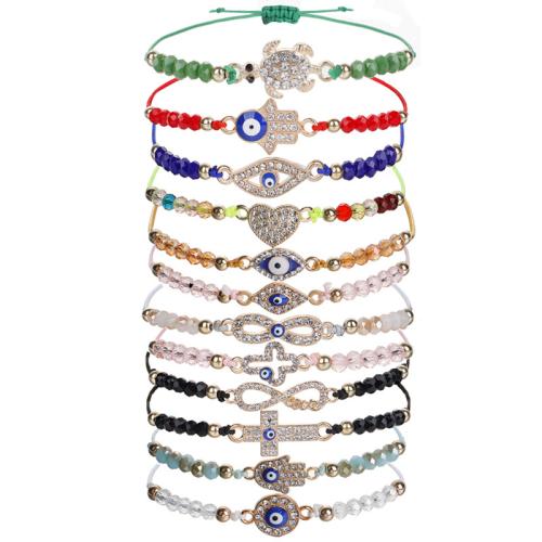 Evil Eye Jóias Pulseira, liga de zinco, with Cordão de Nó & cristal, feito à mão, 12 peças & unissex & esmalte & com strass, cores misturadas, comprimento Aprox 17-34 cm, vendido por Defina