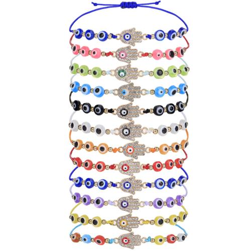 Bracelet Evil Eye bijoux, alliage de zinc, avec Cordon de noeud & résine, fait à la main, 12 pièces & unisexe & émail & avec strass, couleurs mélangées, Longueur:Environ 18-36 cm, Vendu par fixé