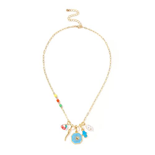 lega in zinco collana, with perla in plastica, with 3.54inch extender chain, occhio cattivo, placcato color oro, stili diversi per la scelta & per la donna & smalto, Lunghezza Appross. 17.71 pollice, Venduto da PC