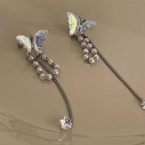 Boucles d'oreilles en alliage de zinc, avec perle de plastique, bijoux de mode & pour femme, argent, 70mm, Vendu par paire