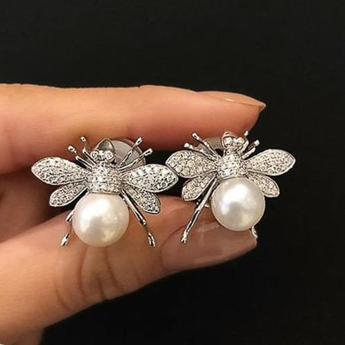 Cubic Zirconia Micro Pave Brass Earring with Plastic Pearl Bee fashion jewelry & micro pave cubic zirconia & for woman Sold By Pair