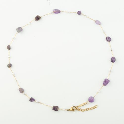 Nehrđajućeg čelika, nakit ogrlice, 304 nehrđajućeg čelika, s Prirodni šljunak & Plastična Pearl, modni nakit & za žene, Dužina Približno 46 cm, Prodano By PC