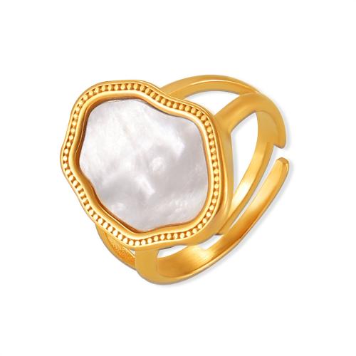 Titanium Steel Finger Ring, with White Shell, 18K gold plated, fashion jewelry & for woman, golden, Sold By PC