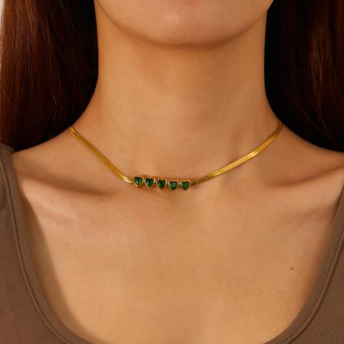 Collar de acero inoxidable de la joyería, acero inoxidable 304, con 6CM extender cadena, Corazón, chapado en color dorado, micro arcilla de zirconia cúbica & para mujer, verde, longitud:40 cm, Vendido por UD