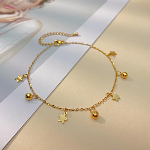 Fashion Jewelry Anklet, Acier titane, avec 6CM chaînes de rallonge, étoile, Placage de couleur d'or, pour femme, Longueur 22 cm, Vendu par PC