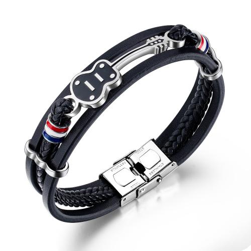 PU Leather Cord Bracelets Titanium Steel with PU Leather Guitar silver color plated punk style & for man black Length 21 cm Sold By PC