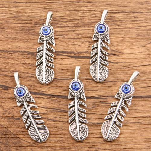 Tibetan Style émail Pendants, alliage de zinc, forme de plume, Plaqué de couleur d'argent, DIY & motif de mauvais œil, 12x48mm, 100PC/sac, Vendu par sac