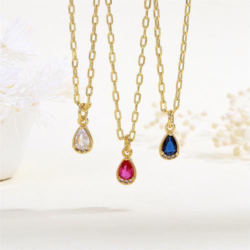 Brass Necklace, with Cubic Zirconia, with 5CM extender chain, Teardrop, gold color plated, for woman, more colors for choice, nickel, lead & cadmium free, 6x14mm, Length:40 cm, Sold By PC