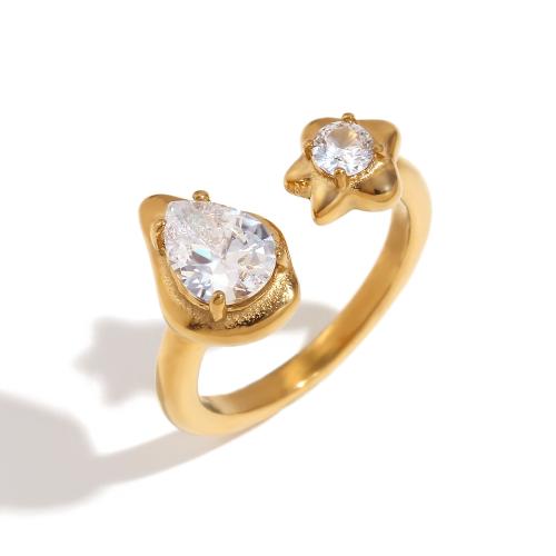 Ring Finger Titantium stali, Platerowane w kolorze złota, biżuteria moda & mikro utorować cyrkonia, złoty, sprzedane przez PC
