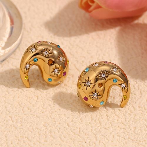 Titanium Steel  Earring gold color plated fashion jewelry & micro pave cubic zirconia golden Sold By Pair