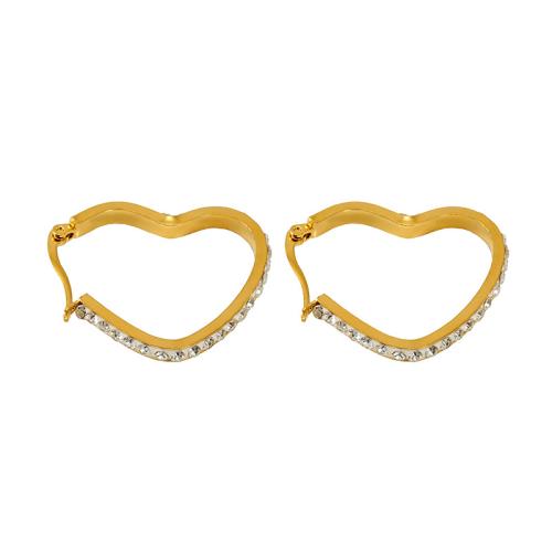 Acier inoxydable Levier Retour Earring, Acier inoxydable 304, coeur, Plaqué or 18K, bijoux de mode & normes différentes pour le choix & pour femme & avec strass, Vendu par paire