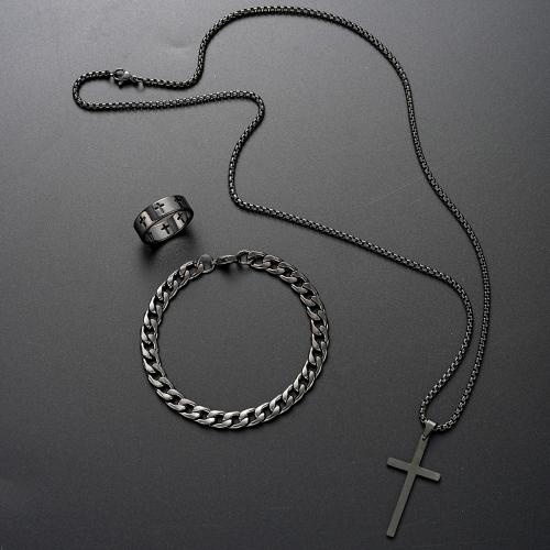 Set di gioielli in acciaio inox, anello dito & Bracciale & Collana, 304 acciaio inox, placcato, tre pezzi & gioielli di moda & stili diversi per la scelta & per l'uomo, nessuno, Venduto da set