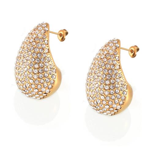 Titanium Steel  Earring Teardrop plated fashion jewelry & for woman & with rhinestone Sold By Pair