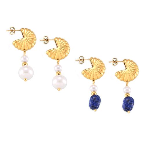 Titanium Steel  Earring with Natural Stone & Plastic Pearl 18K gold plated fashion jewelry & for woman Sold By Pair