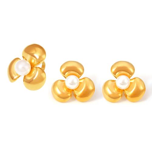 Conjuntos de joyería de acero inoxidable, acero inoxidable 304, con Perlas plásticas, Flor, diferentes estilos para la opción & para mujer, dorado, Vendido por UD