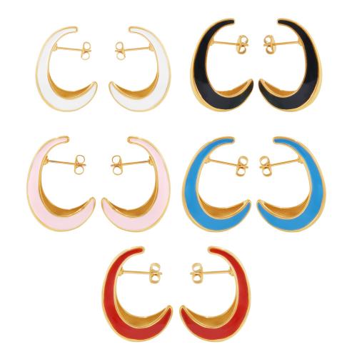 Boucle d'oreille de gaujon en acier inoxydable, Acier inoxydable 304, lune, Placage de couleur d'or, bijoux de mode & pour femme & émail, plus de couleurs à choisir, Vendu par paire