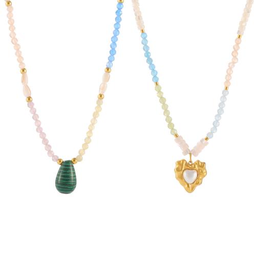 Collier d'acier titane, avec Pierre naturelle & Malachite, Plaqué or 18K, bijoux de mode & styles différents pour le choix & pour femme, Vendu par PC