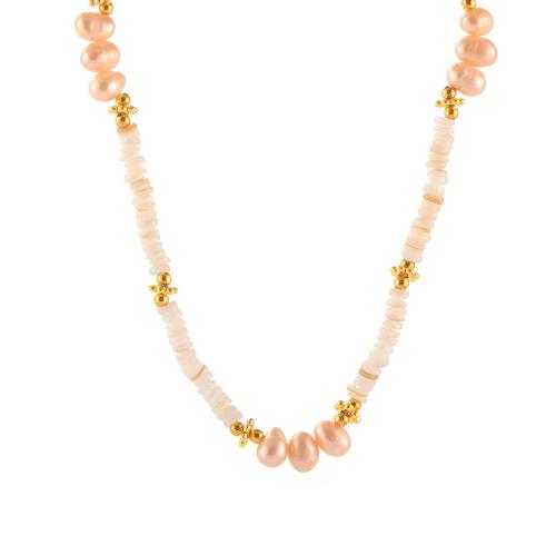 Collier d'acier titane, avec coquillage & perle d'eau douce cultivée, avec 5cm chaînes de rallonge, Placage de couleur d'or, bijoux de mode & pour femme, Longueur:42 cm, Vendu par PC