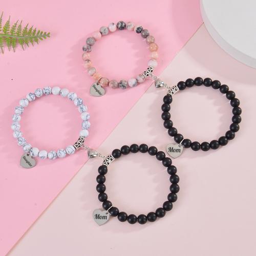 Gemstone Bracelets, 304 Stainless Steel, with Magnet & Abrazine Stone & Elastic Thread & Zebra Jasper, Vacuum Ion Plating, different materials for choice & Unisex & different designs for choice, more colors for choice, 2PC/Set, Sold By Set