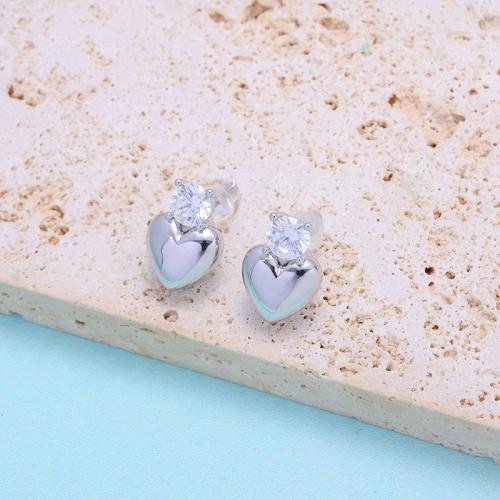Brass Stud Earring Heart silver color plated for woman & with rhinestone nickel lead & cadmium free Sold By PC