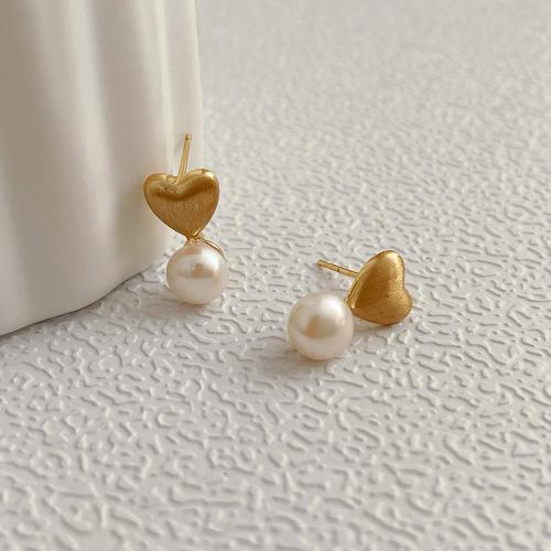 Brass Stud Earring, with Plastic Pearl, fashion jewelry & for woman, golden, 14mm, Sold By Pair