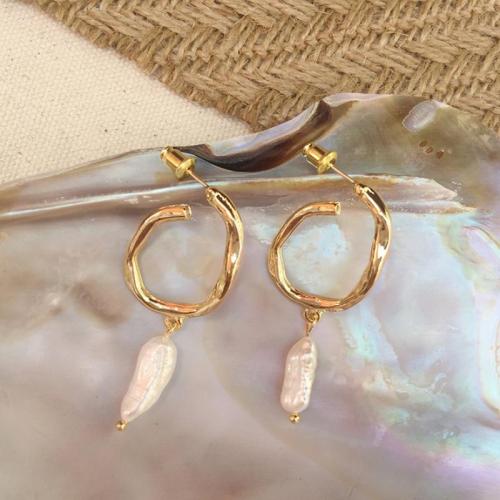 Pendientes de Perlas de Freshwater, aleación de zinc, con Perlas cultivadas de agua dulce, Joyería & para mujer, dorado, 47mm, Vendido por Par