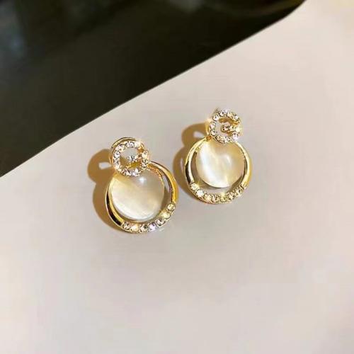 Tibetan Style Stud Earring, with Cats Eye, fashion jewelry & for woman & with rhinestone, golden, 18x13mm, Sold By Pair