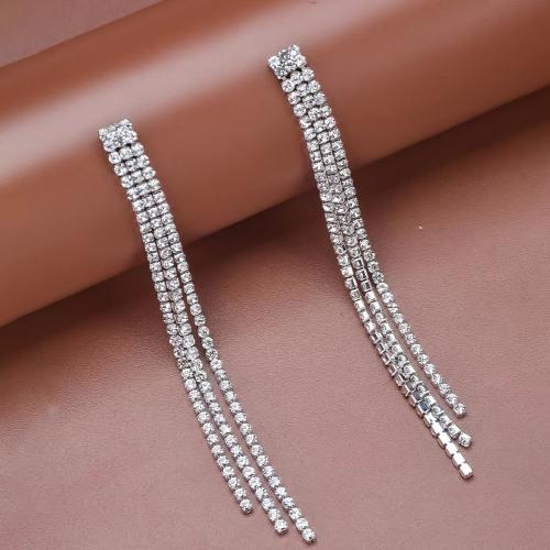 Fashion Fringe Earrings Rhinestone fashion jewelry & for woman silver color 100mm Sold By Pair