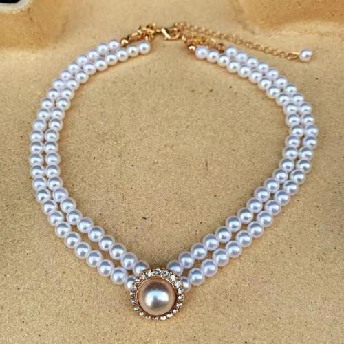 Fashion Choker Necklace, Plastic Pearl, with Tibetan Style, with 7cm extender chain, Double Layer & fashion jewelry & for woman & with rhinestone, more colors for choice, Length:Approx 32 cm, Sold By PC