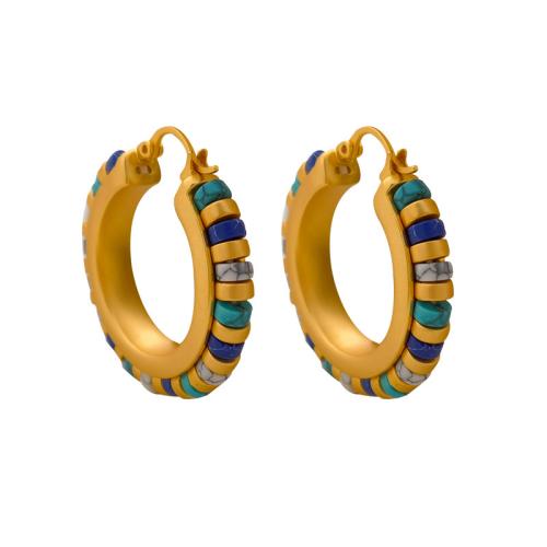 Brass Hoop Earring, with turquoise, fashion jewelry & for woman, golden, 32x30mm, Sold By Pair