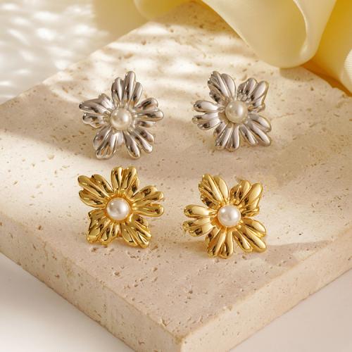 Stainless Steel Stud Earrings 304 Stainless Steel with Plastic Pearl Flower plated for woman Sold By Pair