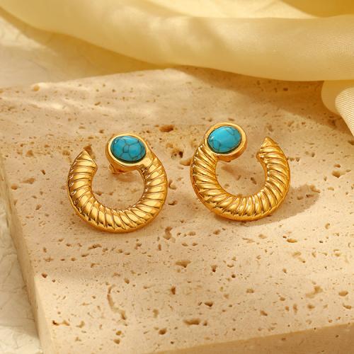 Stainless Steel Stud Earrings, 304 Stainless Steel, with turquoise, plated, for woman, more colors for choice, Sold By Pair