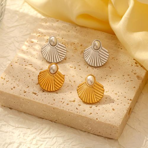 Stainless Steel Stud Earrings, 304 Stainless Steel, with Plastic Pearl, Shell, plated, for woman, more colors for choice, Sold By Pair